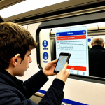 **

A young adult studying for the "code de la route" using a smartphone app on the Paris Metro. They are surrounded by other passengers, but focused on the screen, which shows a question about road signs. The overall feeling is of dedication and fitting study into daily life. "Code de la route" app visible on the screen, perhaps with a French road sign displayed.

**