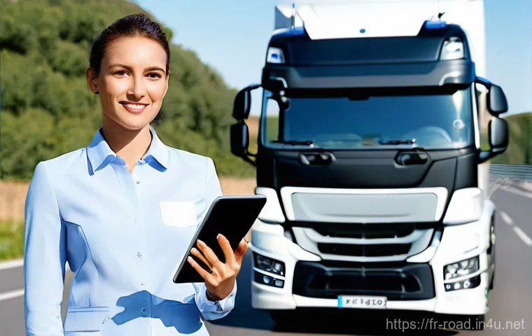 도로교통사 관련 직무의 장래성 - **Prompt 1: The Modern Road Ambassador**
    A highly professional and confident female truck driver...