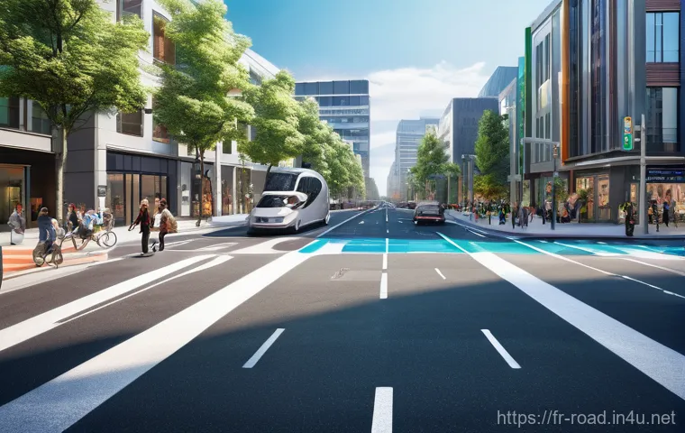 도로교통사와 관련된 해외 사례 - **Prompt:** "A vibrant, futuristic urban streetscape embodying the 'Vision Zero' philosophy. The sce...