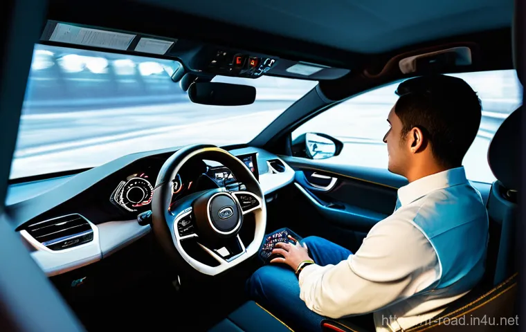 도로교통사와 관련된 해외 사례 - **Prompt:** "A dynamic, high-tech highway scene showcasing advanced vehicular safety systems. Severa...