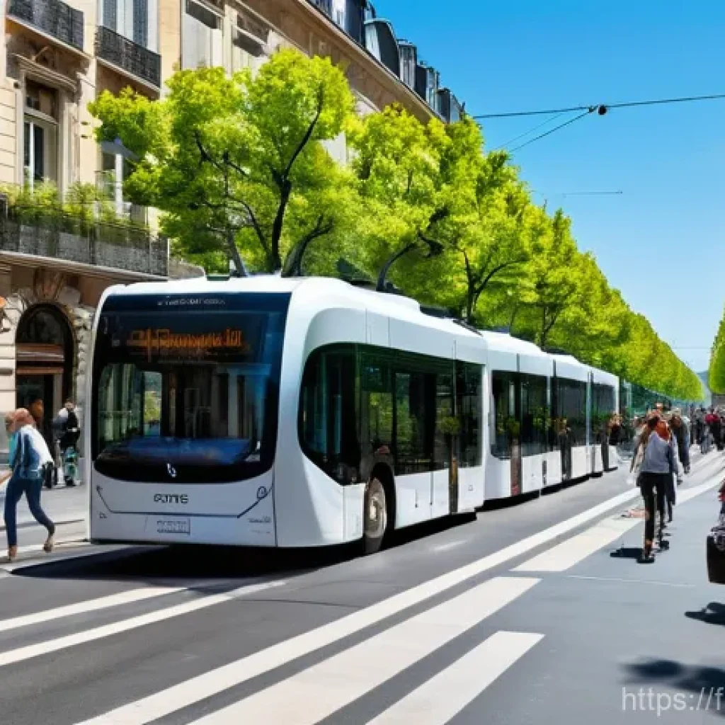 도로교통사와 관련된 교통 정책 - A vibrant and bustling yet harmonious street scene in a typical French city like Lyon or Bordeaux, r...