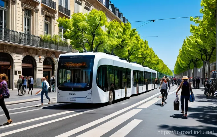 도로교통사와 관련된 교통 정책 - A vibrant and bustling yet harmonious street scene in a typical French city like Lyon or Bordeaux, r...