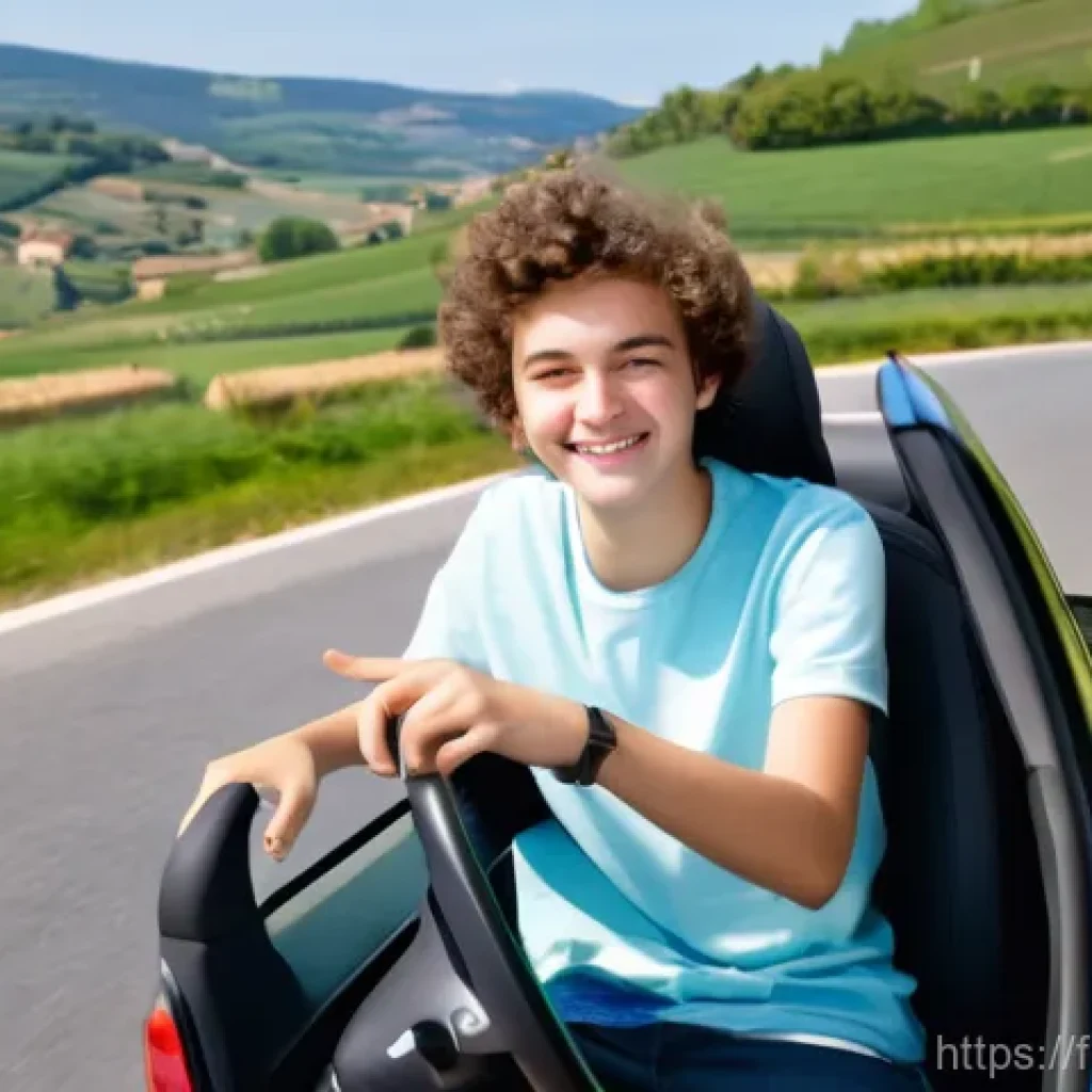 도로교통사 시험일정 최신 정보 - A joyful 17-year-old French teenager, dressed in stylish but modest casual clothing, sits proudly in...