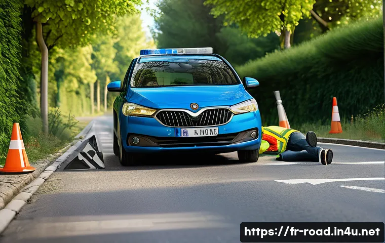 도로교통사 실무 과정의 난이도 - **Prompt:** "A realistic, eye-level shot of a car accident scene in France. A calm adult, dressed in...