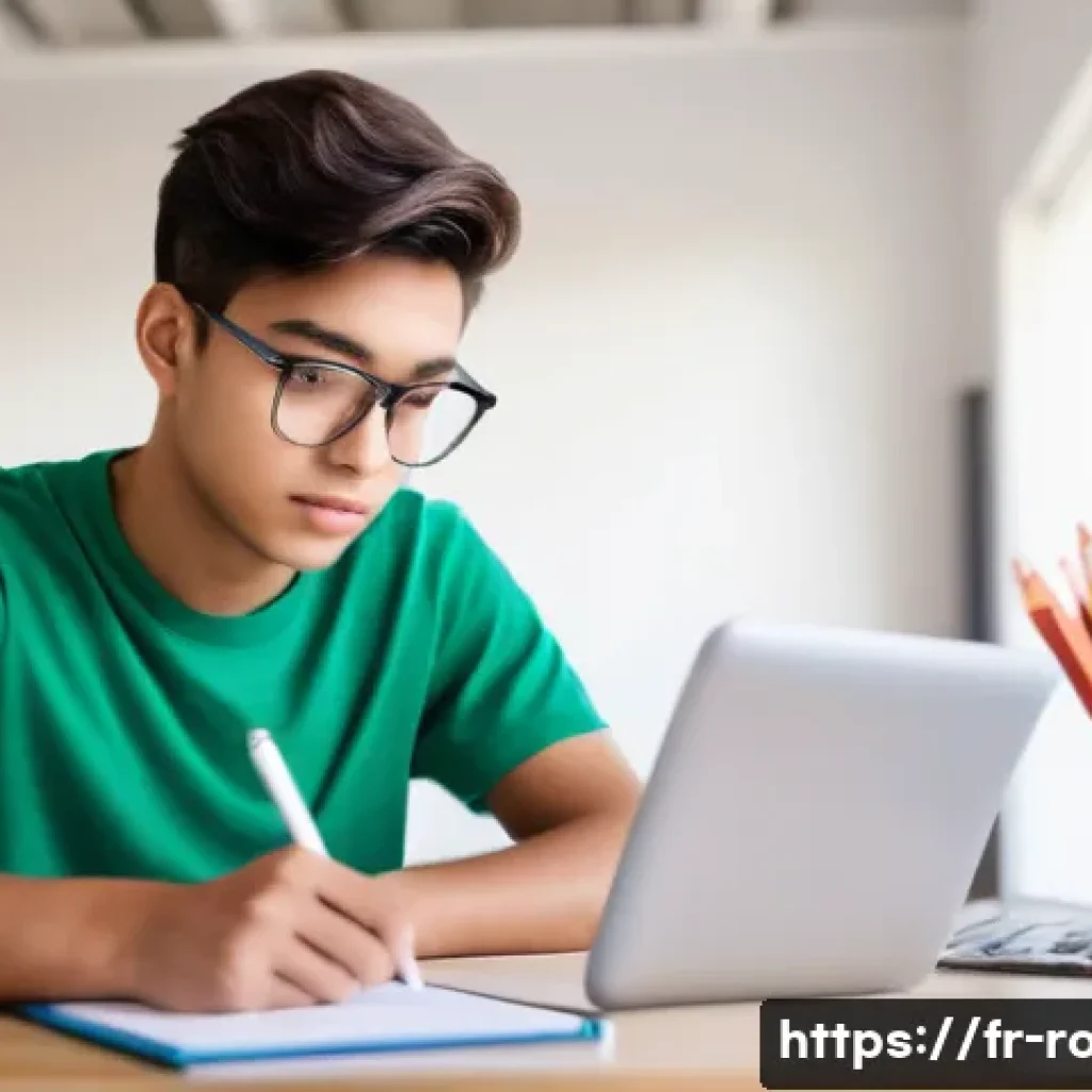 도로교통사 필기시험 고득점 전략 - A focused young person, approximately 18 years old, sitting comfortably at a modern desk in a well-l...