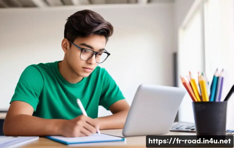 도로교통사 필기시험 고득점 전략 - A focused young person, approximately 18 years old, sitting comfortably at a modern desk in a well-l...