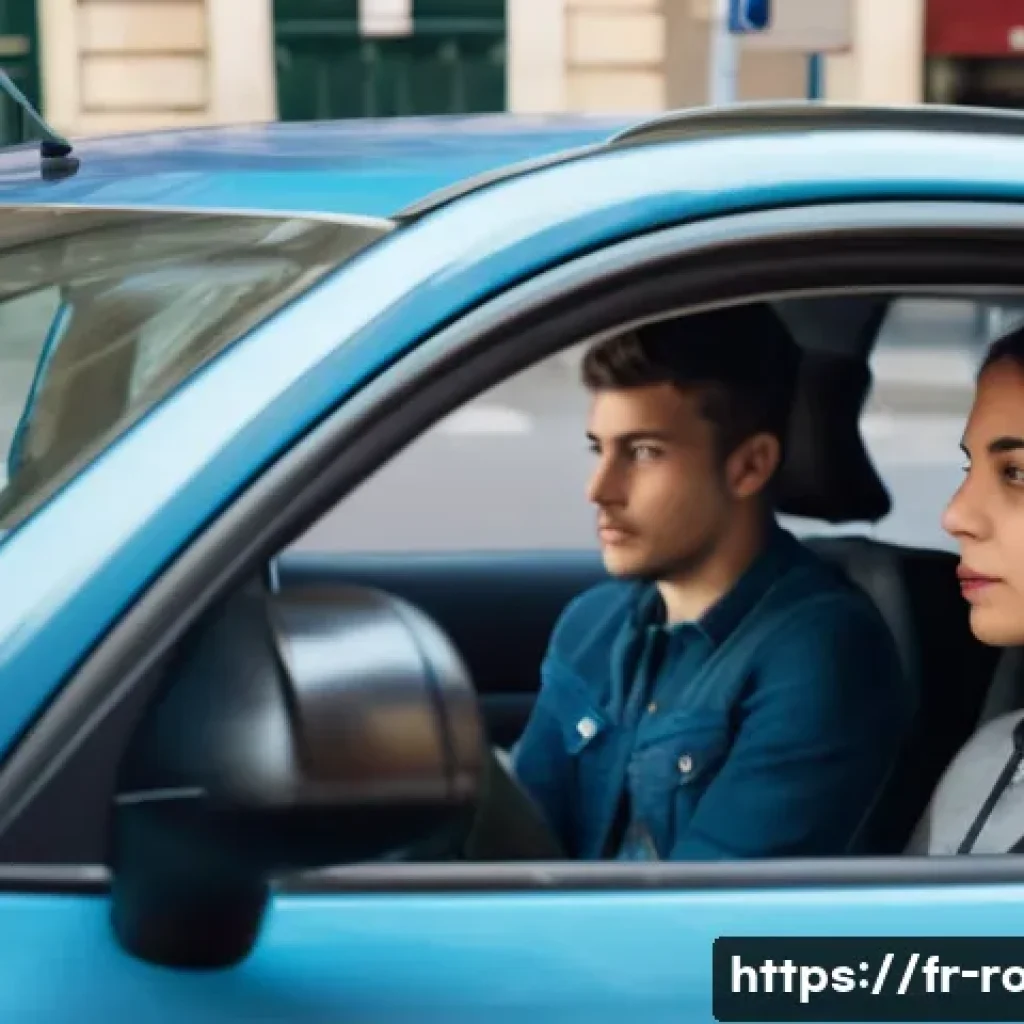 도로교통사 실습 과정 리뷰 - A detailed scene of a French driving school lesson in an urban setting, showing a young adult learne...