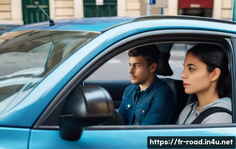 도로교통사 실습 과정 리뷰 - A detailed scene of a French driving school lesson in an urban setting, showing a young adult learne...