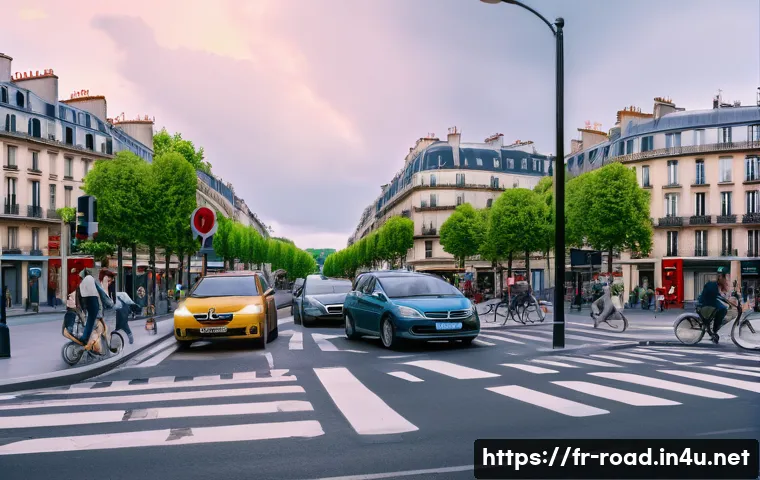 도로교통사 실습 과정에서 필요한 기술 - A detailed urban French street scene during daytime showing diverse road users interacting: pedestri...