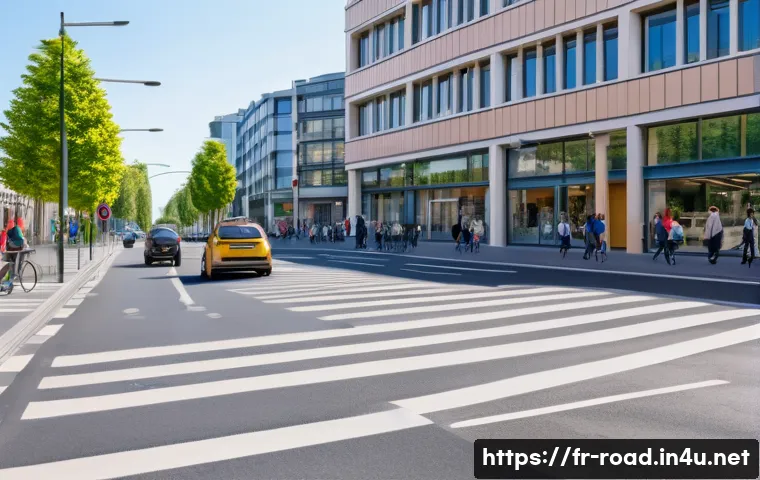 도로교통사 필기시험 대비 최신 문제 분석 - A detailed urban street scene in a modern French city during daytime, showing a variety of road user...