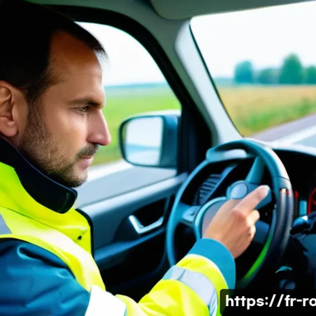 도로교통사 직무에서의 성공 사례 - A professional truck driver in a modern European highway setting, wearing a high-visibility jacket a...