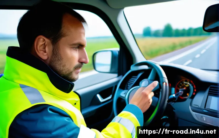 도로교통사 직무에서의 성공 사례 - A professional truck driver in a modern European highway setting, wearing a high-visibility jacket a...