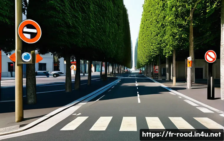 도로교통사 필기시험에서 자주 나오는 문제 - A detailed urban street scene in France showing a variety of road signs: a red-bordered triangular w...