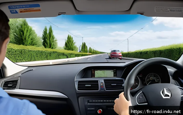 도로교통사 실기시험 합격 사례 분석 - A detailed scene of a French driving test in progress on a suburban road near Paris, featuring a you...