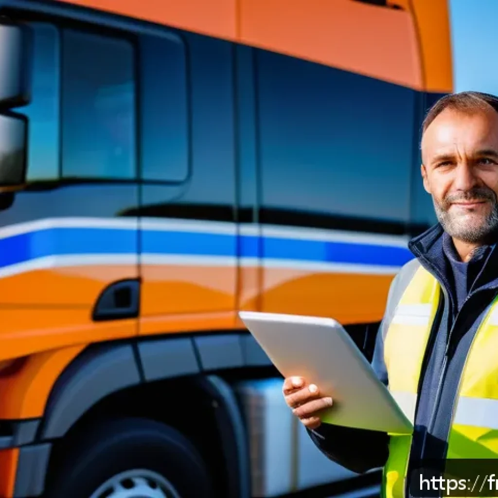 도로교통사 연봉 수준별 직무 차이 - A professional French long-haul truck driver in his 40s, wearing a clean, high-visibility safety jac...