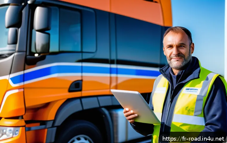 도로교통사 연봉 수준별 직무 차이 - A professional French long-haul truck driver in his 40s, wearing a clean, high-visibility safety jac...