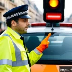 도로교통사 자격증과 연관된 직종 탐색 - A French traffic officer in a high-visibility yellow and orange uniform standing on a busy urban str...
