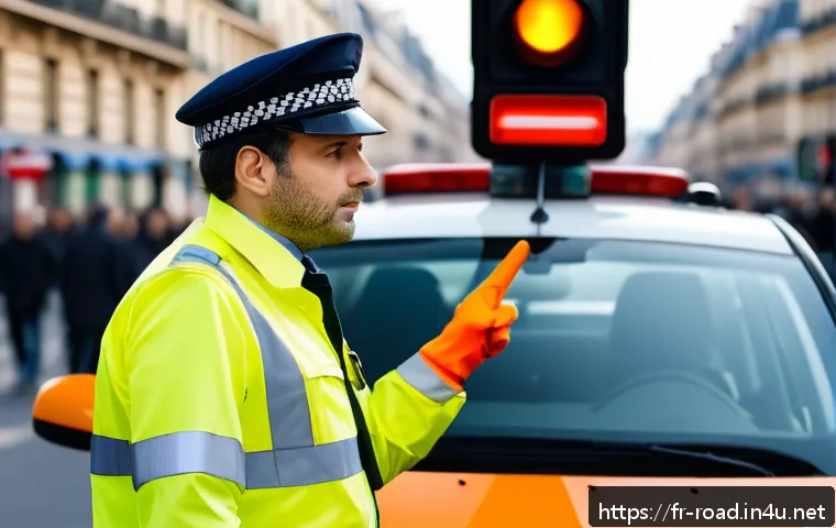 도로교통사 자격증과 연관된 직종 탐색 - A French traffic officer in a high-visibility yellow and orange uniform standing on a busy urban str...