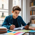 도로교통사 필기시험 고득점 비법 사례 - A focused young adult studying traffic rules at a cozy desk in a bright, quiet room, surrounded by F...
