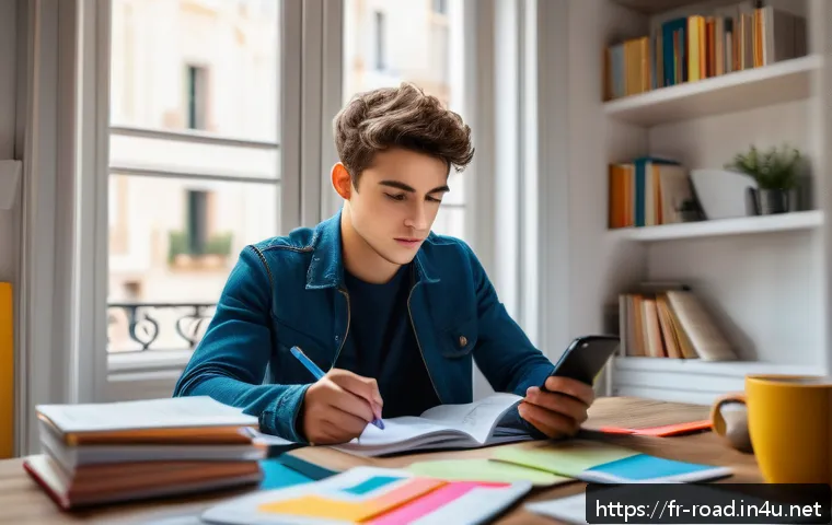 도로교통사 필기시험 고득점 비법 사례 - A focused young adult studying traffic rules at a cozy desk in a bright, quiet room, surrounded by F...