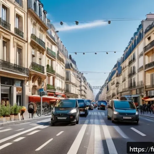 도로교통사 실무에서의 문제 해결 능력 - A vibrant urban street scene in a modern French city during rush hour, featuring adaptive traffic li...