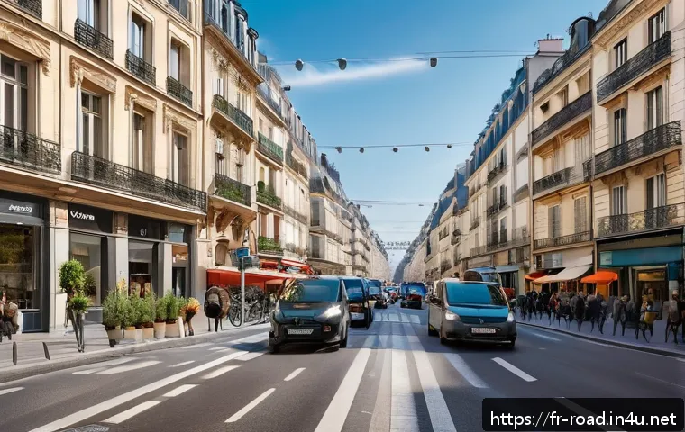 도로교통사 실무에서의 문제 해결 능력 - A vibrant urban street scene in a modern French city during rush hour, featuring adaptive traffic li...