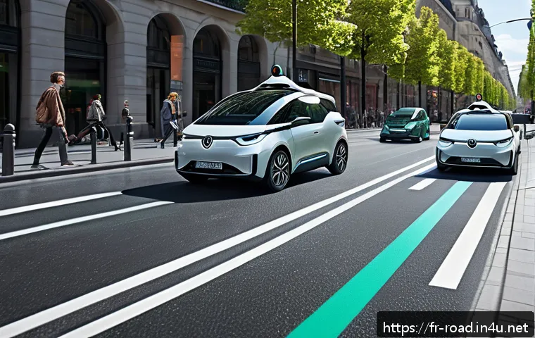 도로교통사 전문성 강화 방법 - A futuristic European city street scene featuring intelligent vehicles equipped with advanced driver...