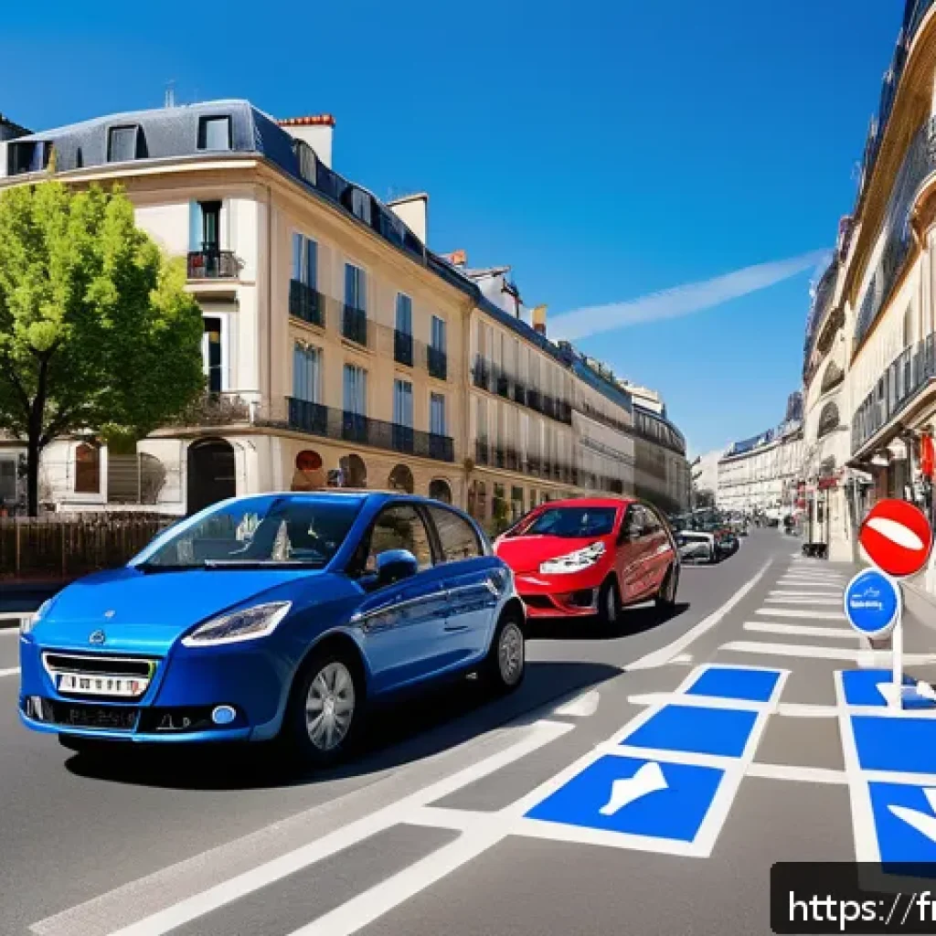 도로교통사 필기시험에서 자주 나오는 이론 - A detailed urban street scene in France featuring multiple temporary road signs for construction and...