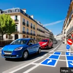 도로교통사 필기시험에서 자주 나오는 이론 - A detailed urban street scene in France featuring multiple temporary road signs for construction and...