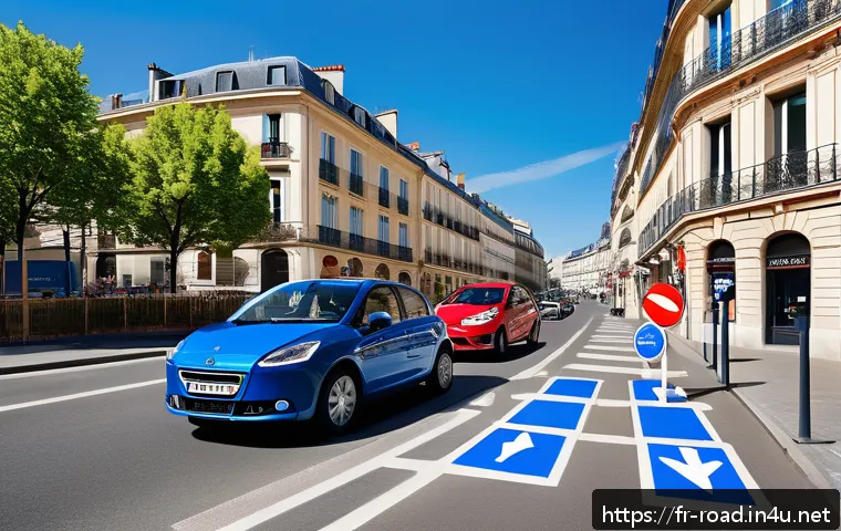 도로교통사 필기시험에서 자주 나오는 이론 - A detailed urban street scene in France featuring multiple temporary road signs for construction and...