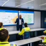 도로교통사 실무 과정에서의 협업 중요성 - A professional French truck driver training session inside a modern classroom with a diverse group o...