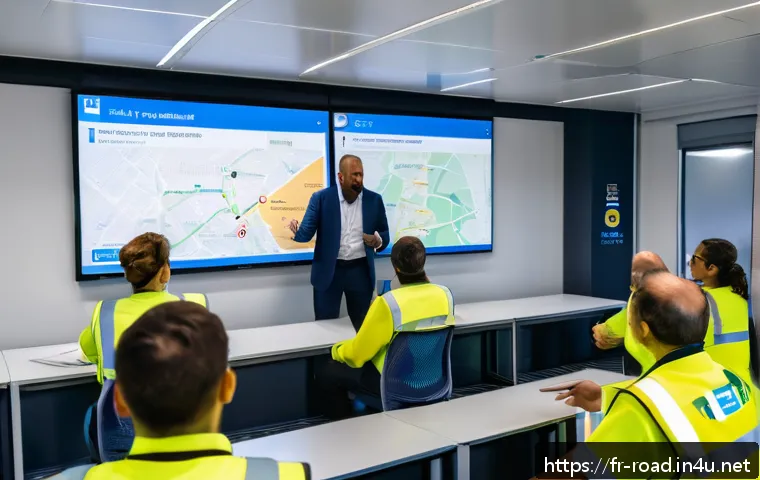 도로교통사 실무 과정에서의 협업 중요성 - A professional French truck driver training session inside a modern classroom with a diverse group o...