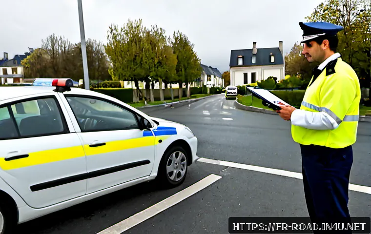 도로교통사 업무사례 모음 - Photorealistic French road traffic officer in a high-visibility uniform calmly documenting a minor c...