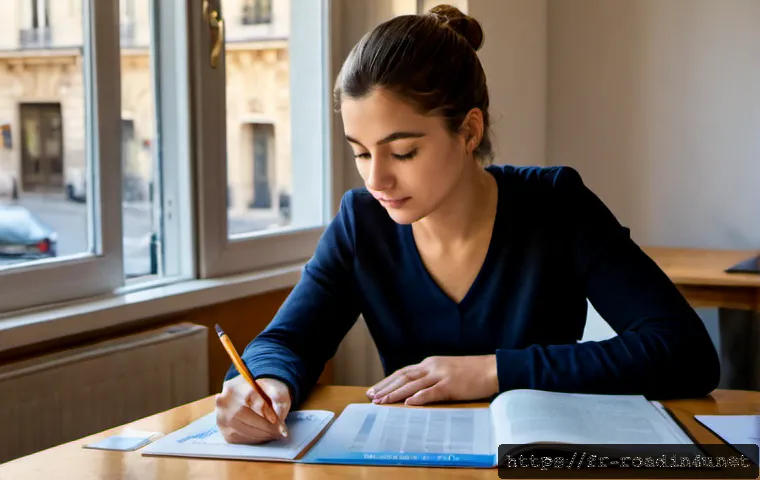 도로교통사 필기시험 고득점을 위한 준비 - Photorealistic French driving theory exam preparation scene, focused adult learner seated at a tidy ...