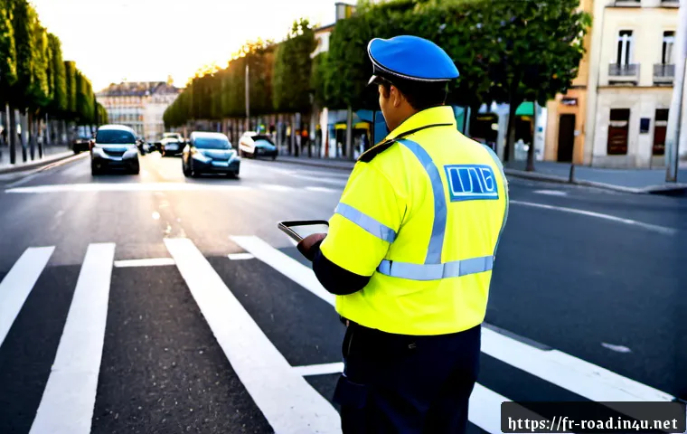 Home 17 도로교통사 직무에서 성공하는 팁 - Photorealistic French road traffic officer in a neat high-visibility uniform reviewing a tablet besi...