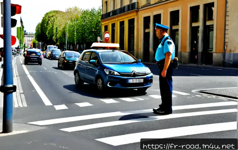 Home 17 도로교통사 관련된 법률과 규정 - Photorealistic French road safety scene at a quiet urban intersection in Lyon, a uniformed traffic o...