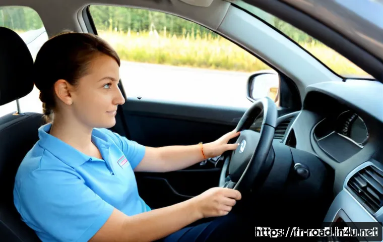 도로교통사 실습 과정에서 배우는 것 - Photorealistic French driving school practical lesson on a quiet suburban road, a calm adult learner...