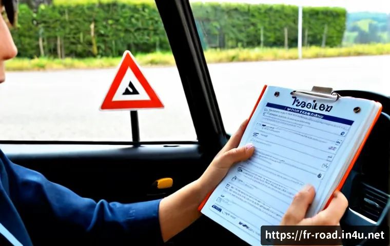 도로교통사 시험 준비에서 중요한 요소 - Photorealistic French driving theory test preparation scene, focused adult learner seated at a tidy ...