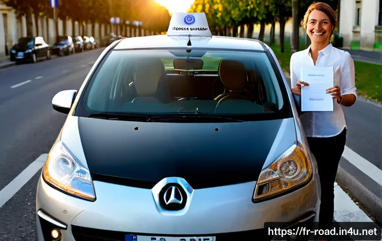 도로교통사 자격증 취득 후 성공 사례 - Photorealistic French driving instructor celebrating a successful career milestone beside a compact ...