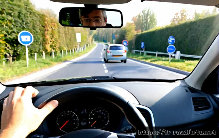 도로교통사 실습 과정의 실질적 중요성 - Photorealistic French driving school practical lesson, a calm adult learner wearing a seatbelt drivi...