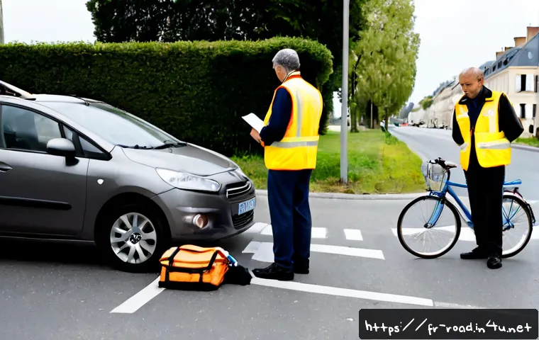 Home 17 도로교통사 실무에서의 윤리적 딜레마 - Photorealistic French road traffic accident investigation scene at a quiet suburban intersection, a ...