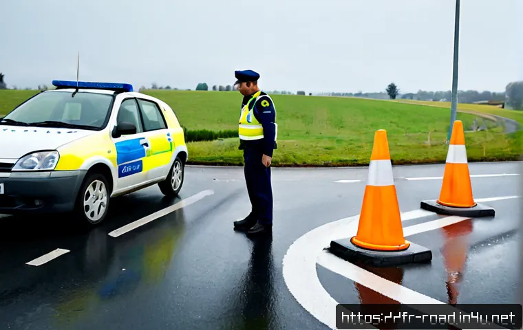 도로교통사 실무에서 자주 겪는 문제 해결 - Photorealistic French roadside traffic incident scene, a calm traffic officer in neutral uniform ass...