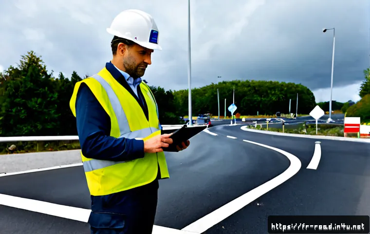 도로교통사 자격증으로 진출 가능한 직무 - Photorealistic French road traffic safety inspector wearing a high-visibility vest and hard hat, con...