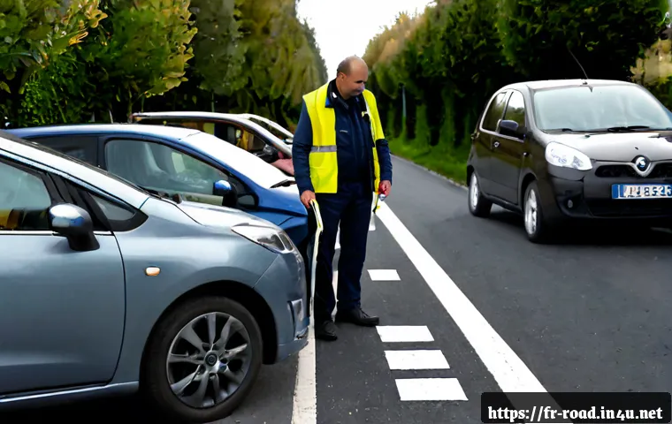 도로교통사 자격증의 실무 활용도 - Photorealistic French road safety investigator examining a minor traffic collision scene on a quiet ...